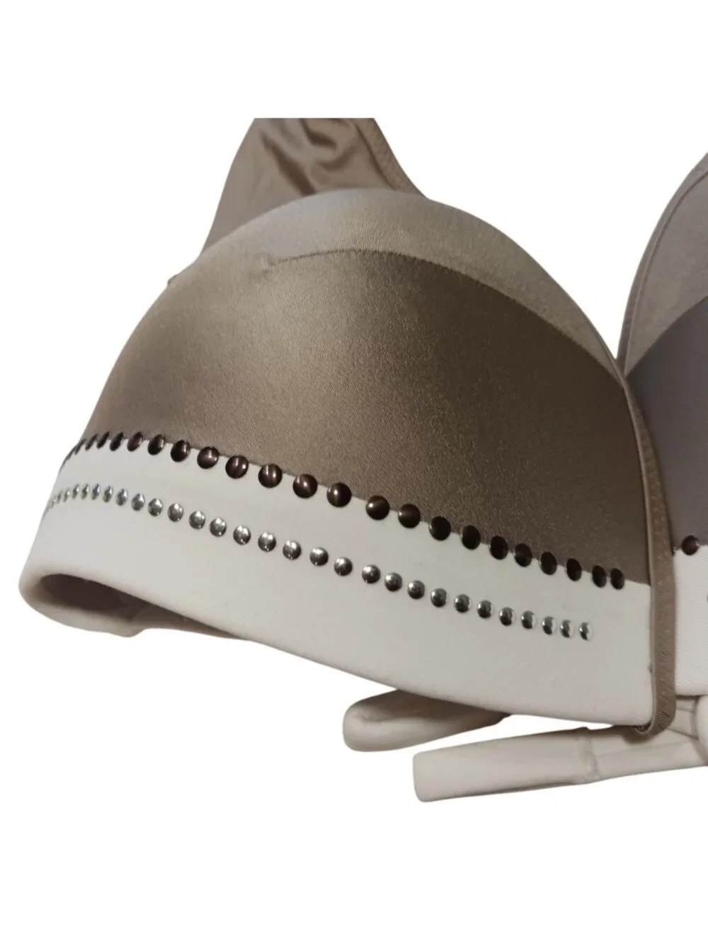 Rhinestone-Embellished Brown & White Bikini Top With Tie Back